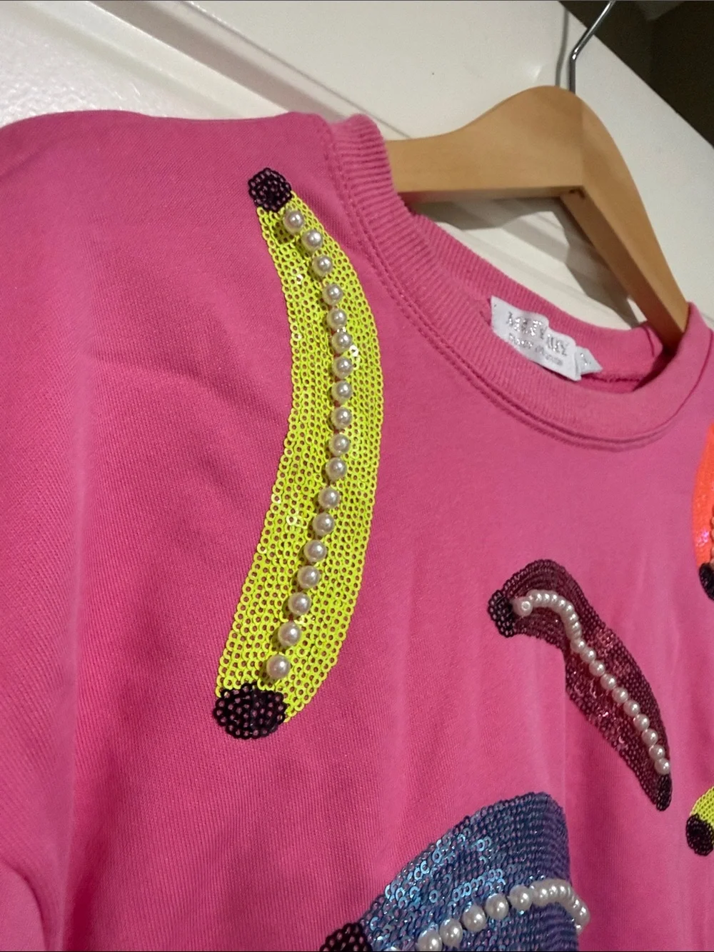Bright Pink Sequin Banana Appliqué Crewneck Sweatshirt